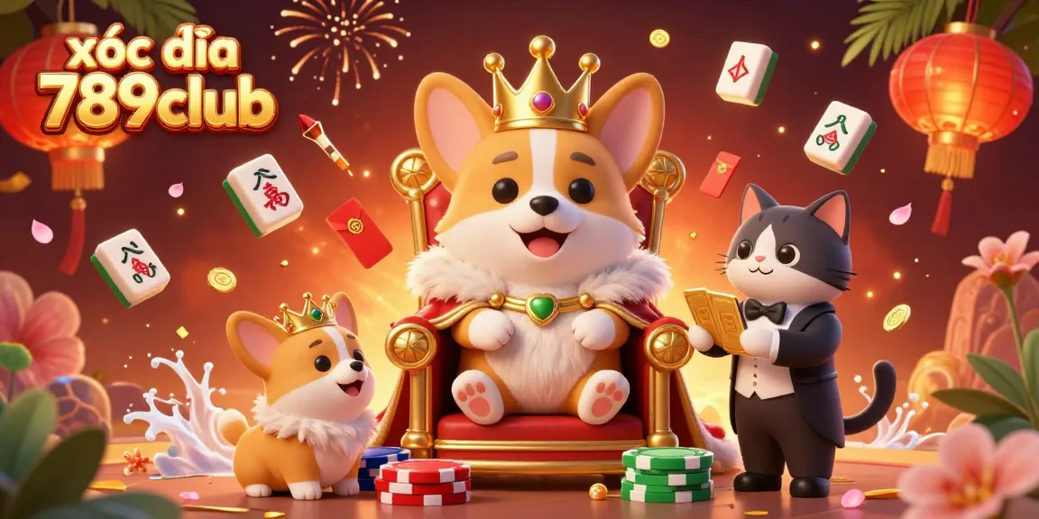 xóc đĩa 789club corgi theme with golden poker chips and festive lanterns