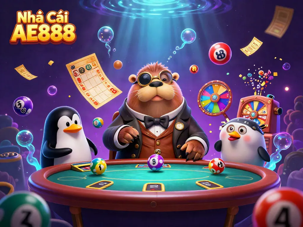 Engage in thrilling games at Nhà Cái AE888 with a jolly walrus, penguin dealer, and pufferfish player.