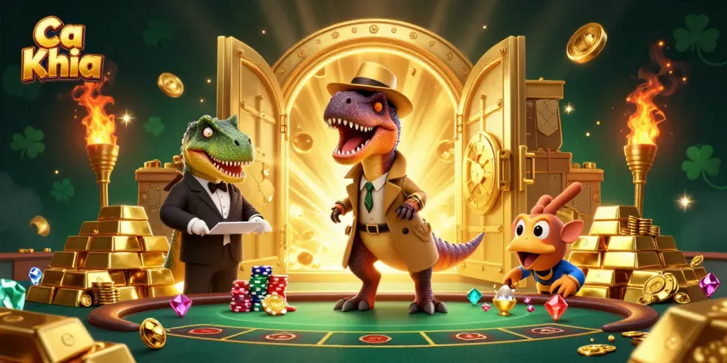 Experience thrilling action in Ca Khia with a cartoon velociraptor card counter at a blackjack table.