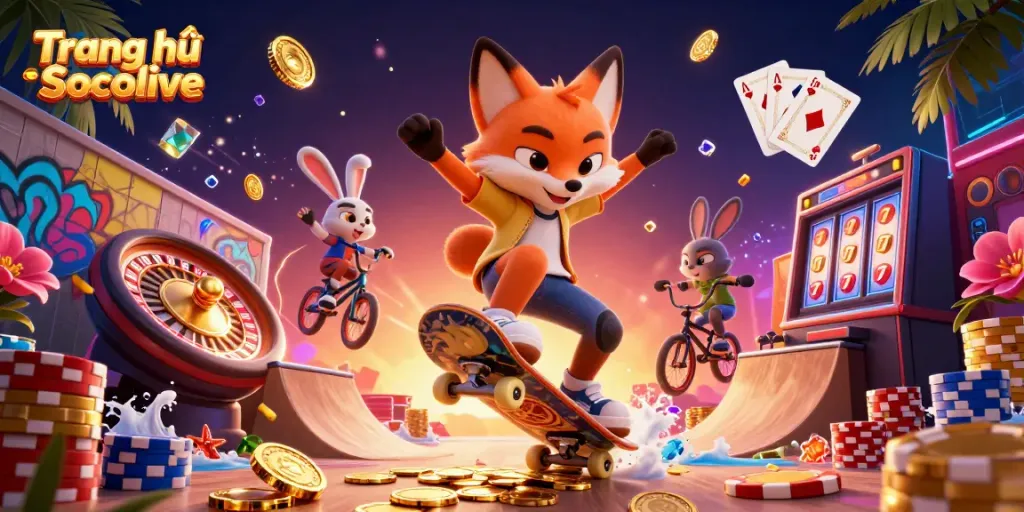 Join the excitement of Trang chủ Socolive with a lively 3D casino-themed scene showcasing animated characters and gaming elements.