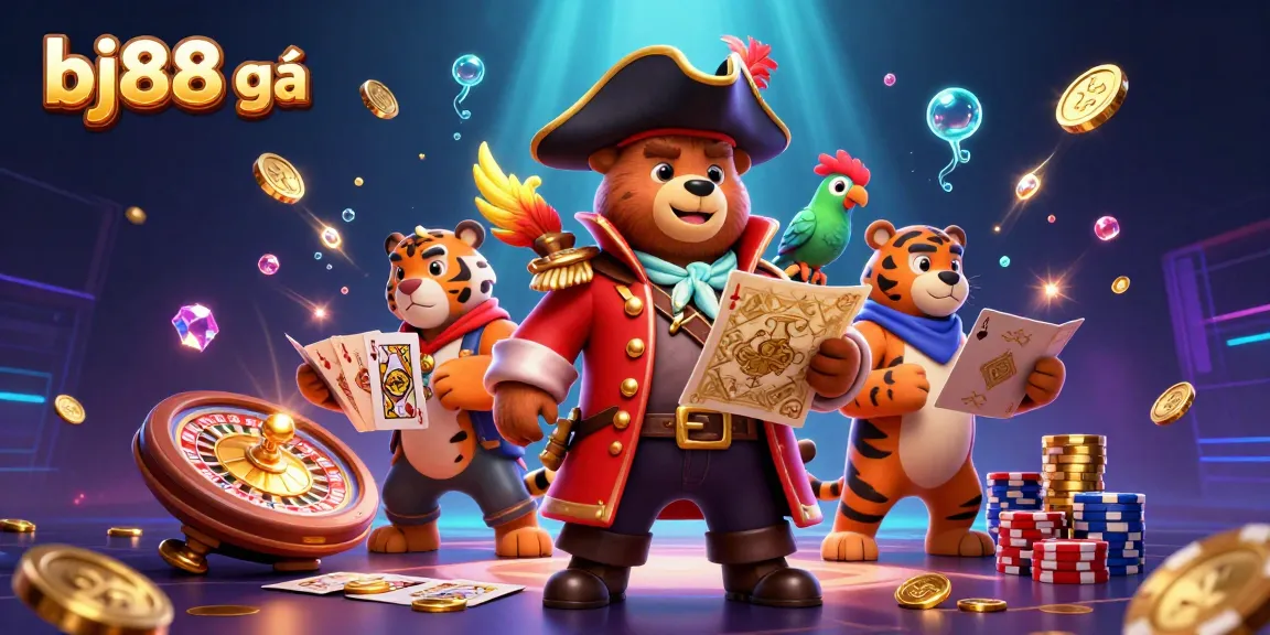 Engage in bj88 đá gà with dynamic casino action showing vibrant characters, coins, and games.
