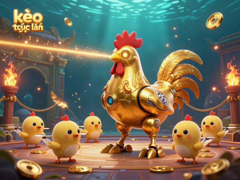 Engage in thrilling kèo trực tuyến betting with a futuristic golden rooster robot and its chick drone entourage.