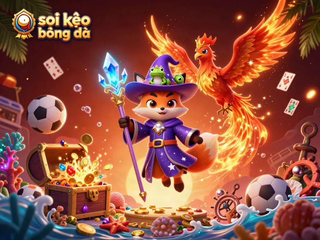 Soi kèo bóng đá with a mystical wizard fox and phoenix amidst dynamic sports betting elements.