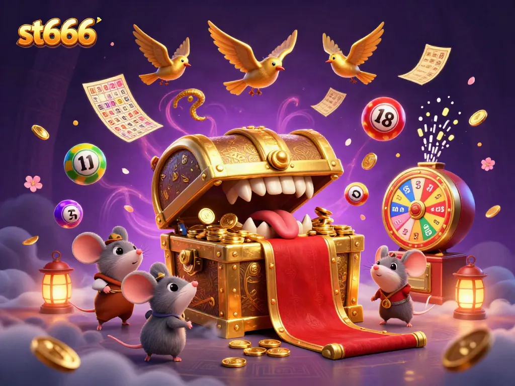 Engage with st666's vibrant lottery theme featuring a treasure chest and game elements.
