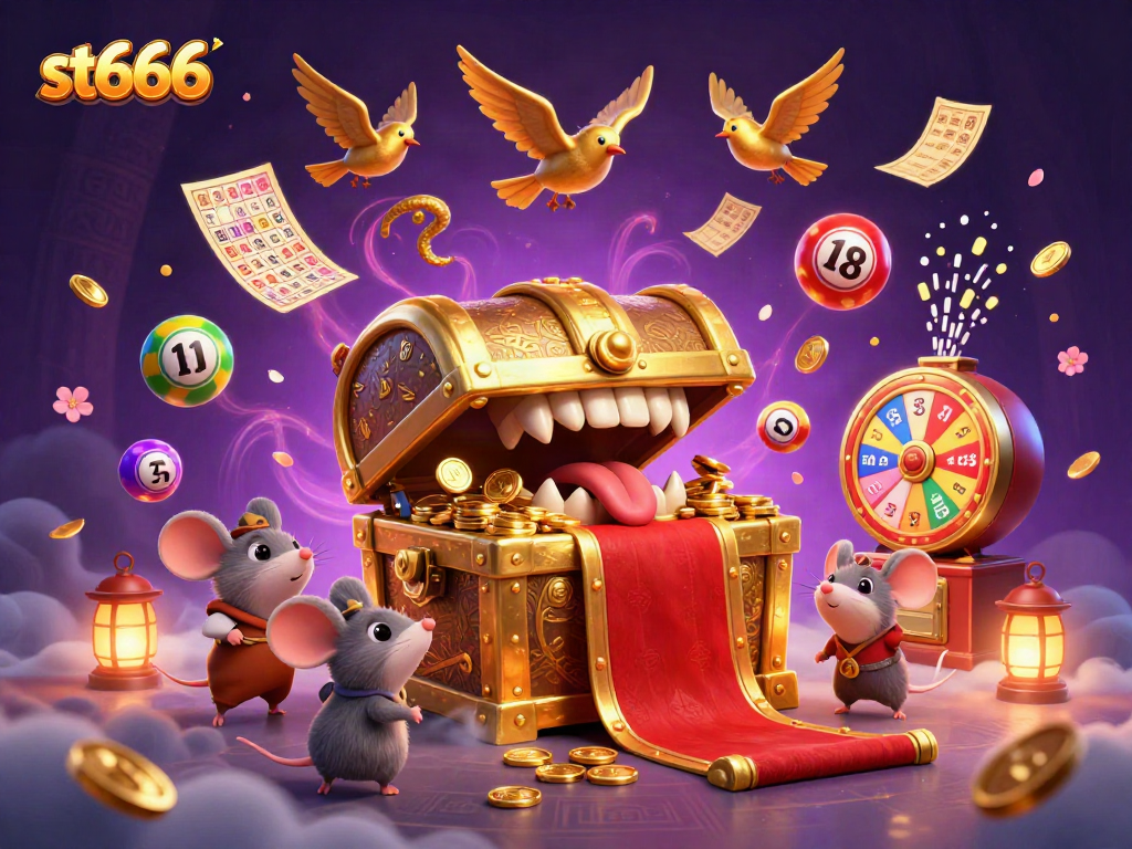 Engage with st666's vibrant lottery theme featuring a treasure chest and game elements.