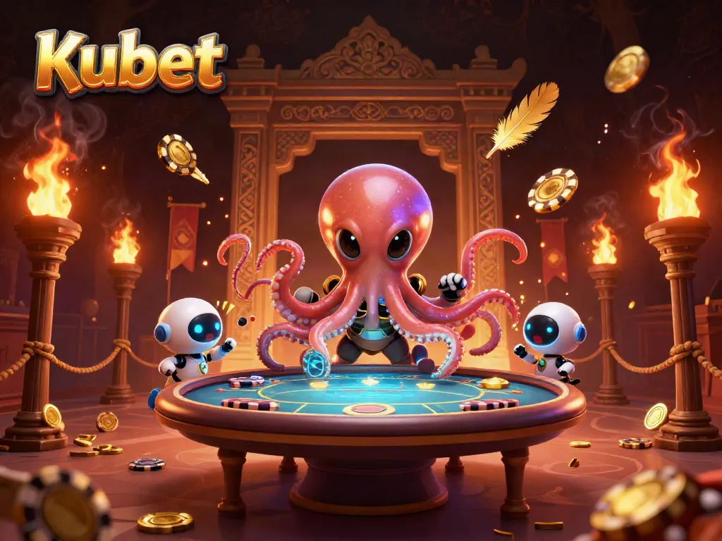 Kubet aliens play poker in a vibrant 3D scene filled with action and golden elements.