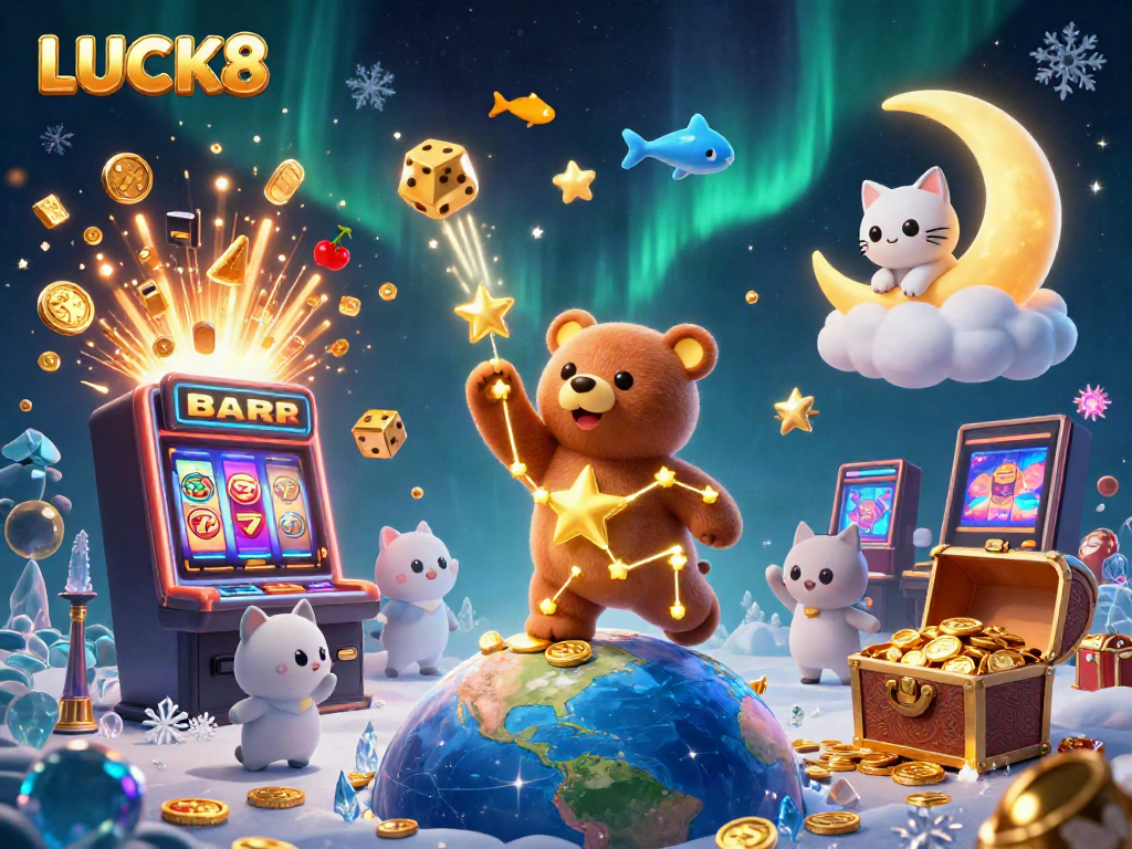 Experience the excitement of LUCK8 with a vibrant 3D casino scene featuring a constellation bear and slot machines.