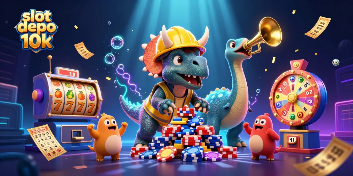 Engage with exciting slot depo 10k reels as a triceratops builds poker chip pyramids, celebrating wins!