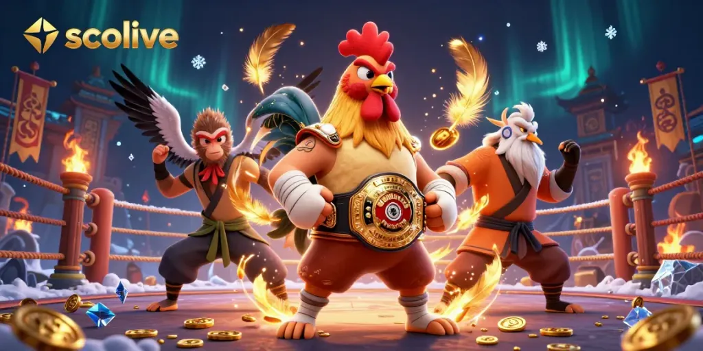Socolive offers an epic arena scene with a fierce Muay Thai rooster, a Shaolin monkey, and a crane master in an engaging betting atmosphere.