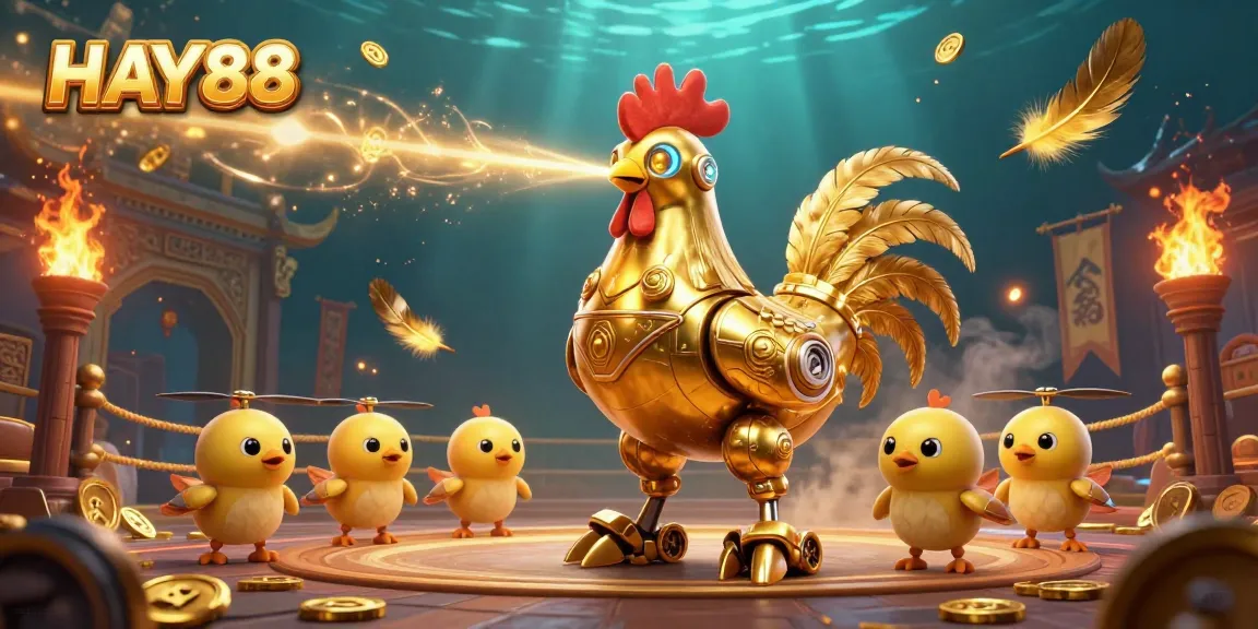 Experience the excitement of HAY88 with a spectacular robot rooster and chick drones in a vibrant casino scene.