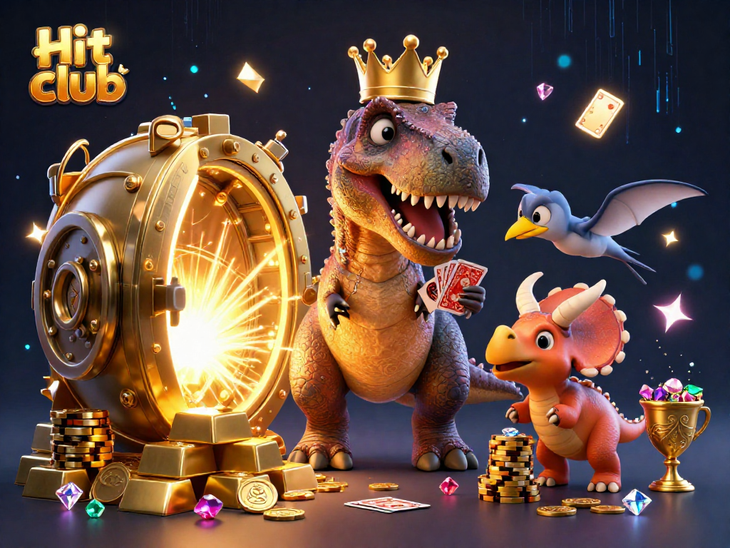 Engage with the Hit club scene featuring a T-Rex shuffling cards amidst dazzling treasures and gems.