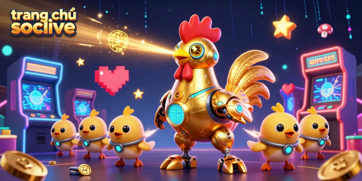 Shooting laser beams, the trang chủ socolive golden rooster robot captivates in a vibrant casino-themed scene.