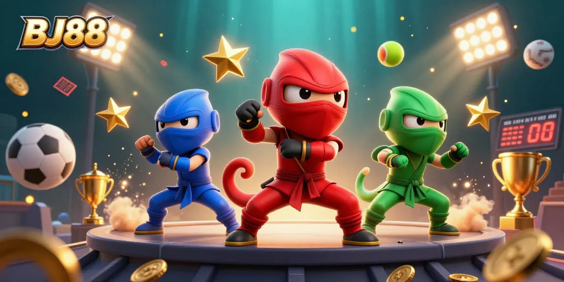 BJ88 Casino showcases a vibrant scene with ninja chameleons and dynamic betting elements, enhancing your online betting experience.