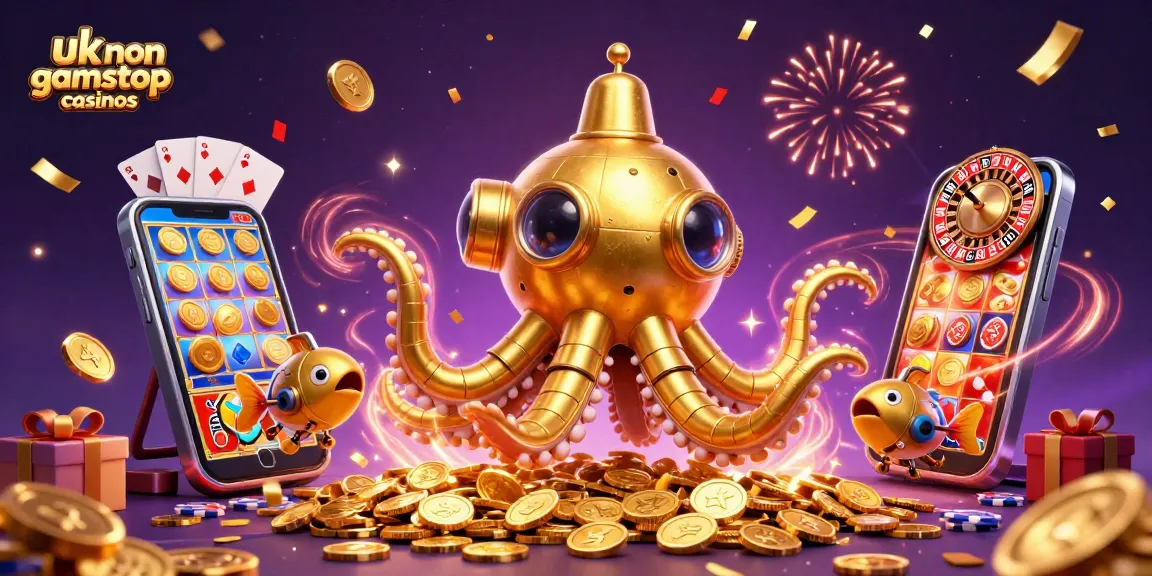 Explore exciting gameplay at uk non gamstop casinos with a golden kraken submarine amidst vibrant casino elements.