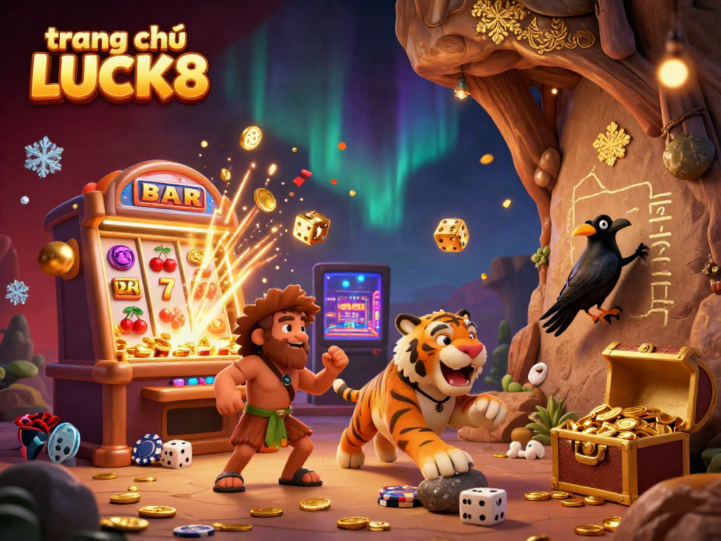 Experience the excitement at trang chủ LUCK8 with a vibrant casino scene featuring dynamic game elements, colorful characters, and lively action.