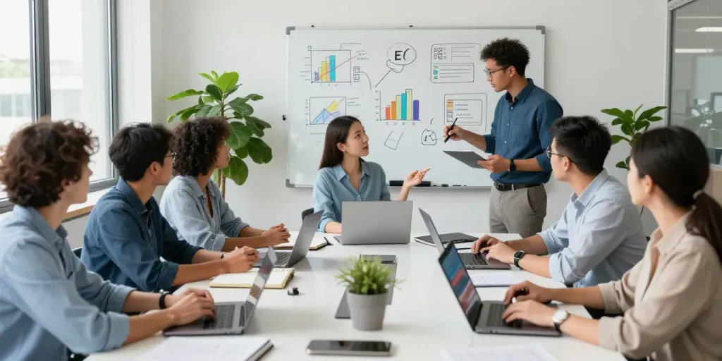 Team collaborating on instant indexing strategies in a modern office.