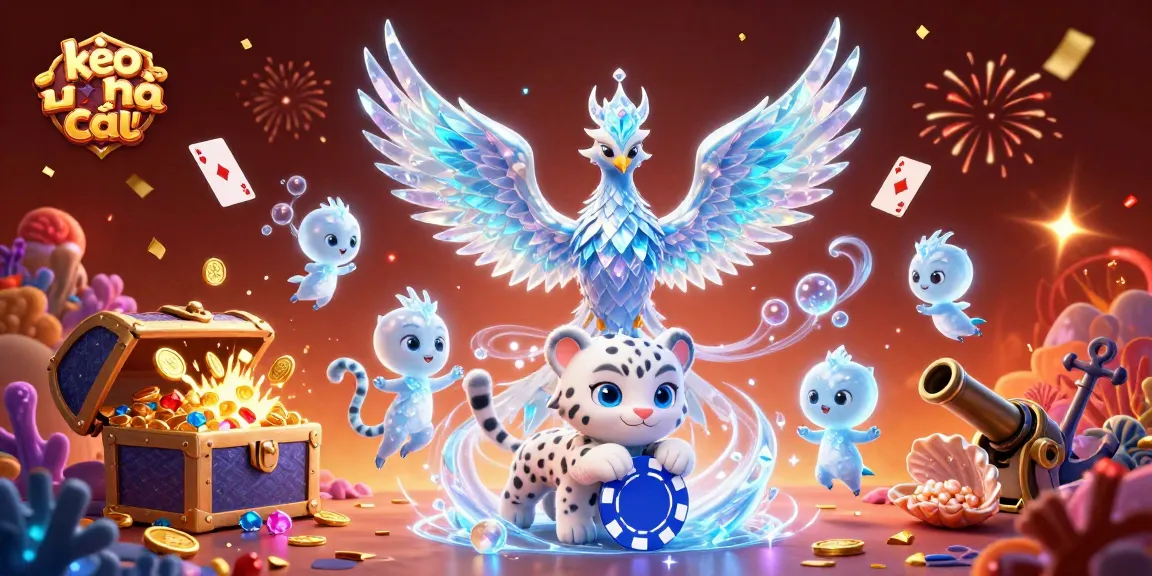 Engage in kèo nhà cái with a vibrant illustration of a phoenix, leopard, and sprites, surrounded by dazzling casino elements.