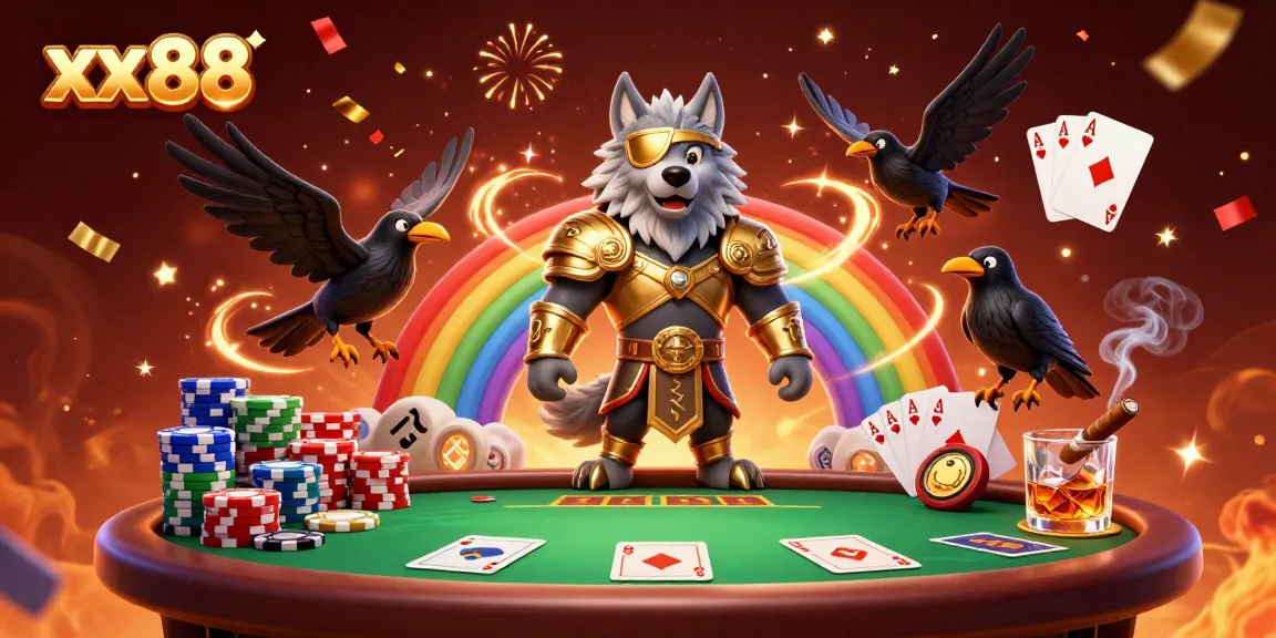 Engage with xx88's thrilling atmosphere featuring Odin and ravens amid a vibrant casino setting.