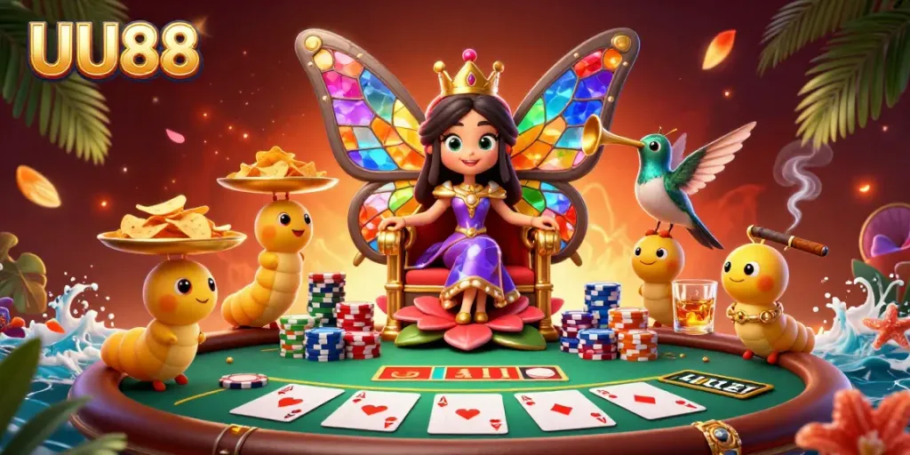 UU88 promotes vibrant casino gaming with a queen and unique 3D character design.