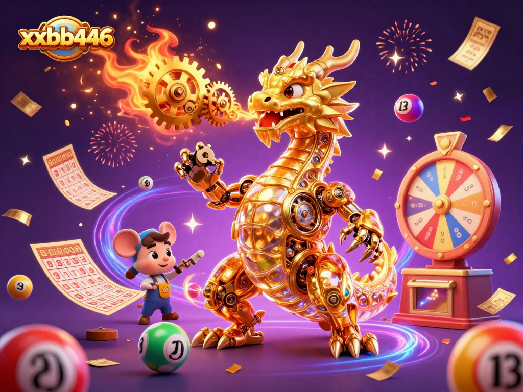Experience the thrill of xxbb446 with vibrant lottery elements and a unique golden dragon character.