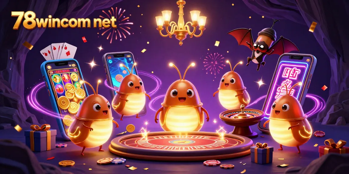 Experience the excitement of 78wincom net as glowworms light up a vibrant cave casino with slots and games.