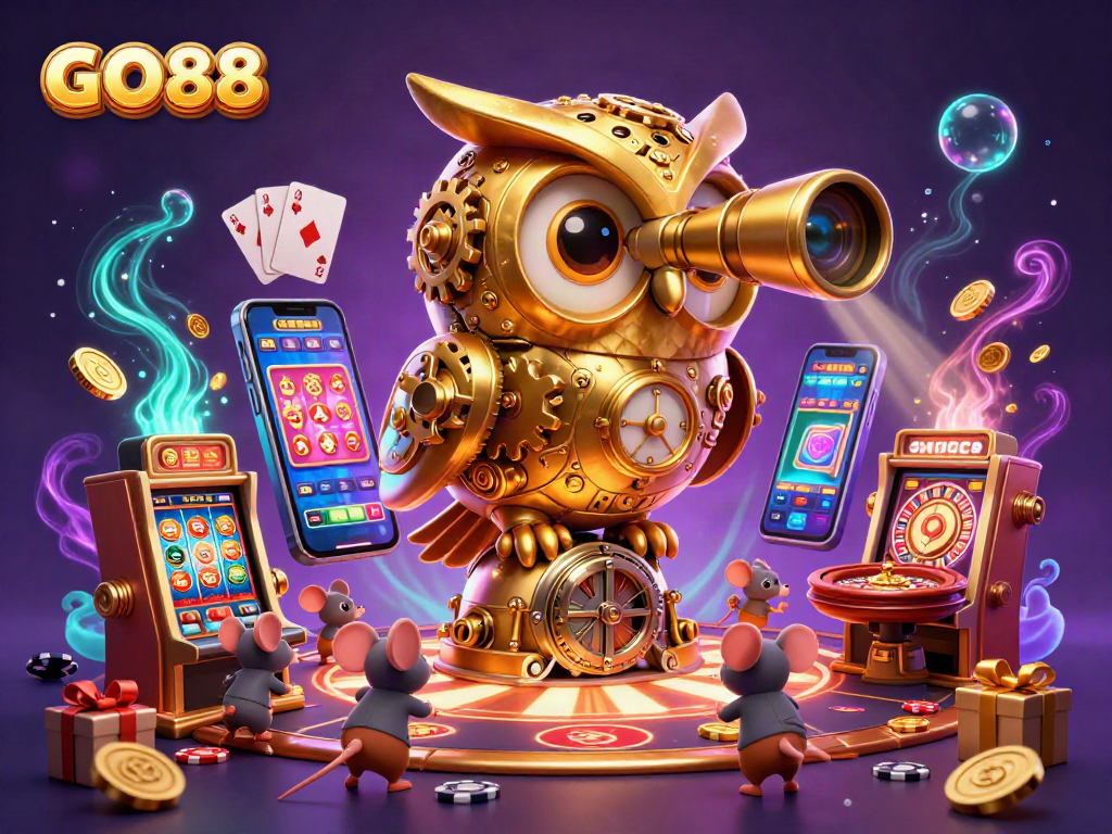 Spin the reels at GO88 with captivating golden owl surveying a vibrant casino scene.