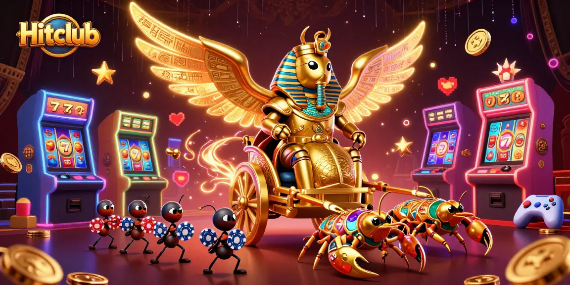 Hitclub features a colorful casino scene with golden scarab beetle and slot machines bursting with excitement.