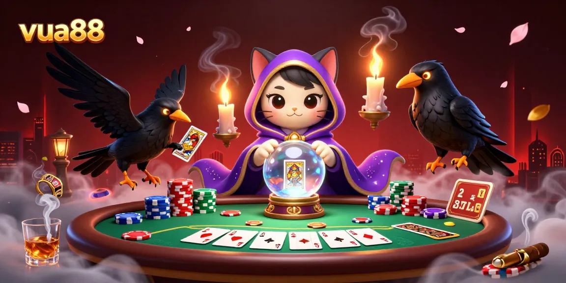 Engage with vua88's exciting gaming scene featuring a mystic cat, raven, and colorful poker setup.