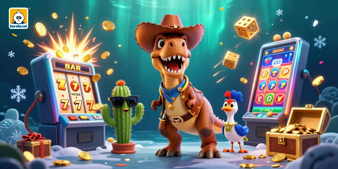 Experience keo nha cai excitement with a vibrant illustration of a T-Rex cowboy surrounded by winning symbols and treasures.