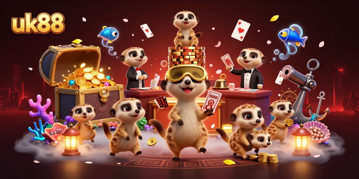 Experience the excitement of uk88 with meerkats managing a lively casino, filled with action and vibrant decor.