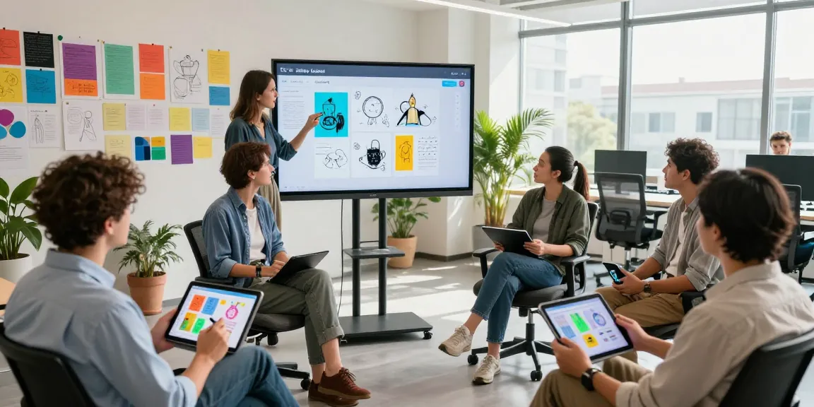 Team brainstorming on google mixboard while collaborating in a modern office with vibrant visuals.