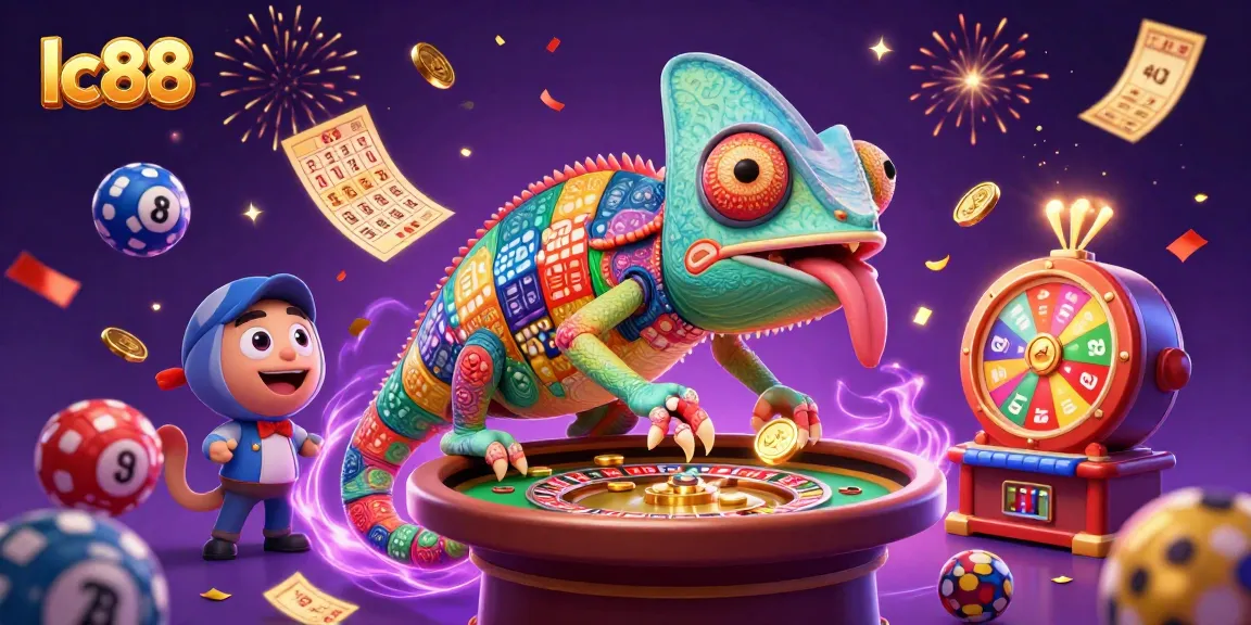 Engage with lc88’s vibrant chameleon casino scene showcasing colorful lottery elements.