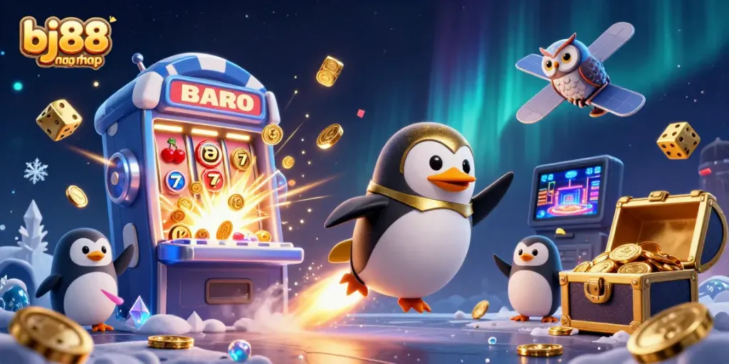 Experience thrilling adventures at bj88 dang nhap, where a golden penguin takes off amidst casino excitement.