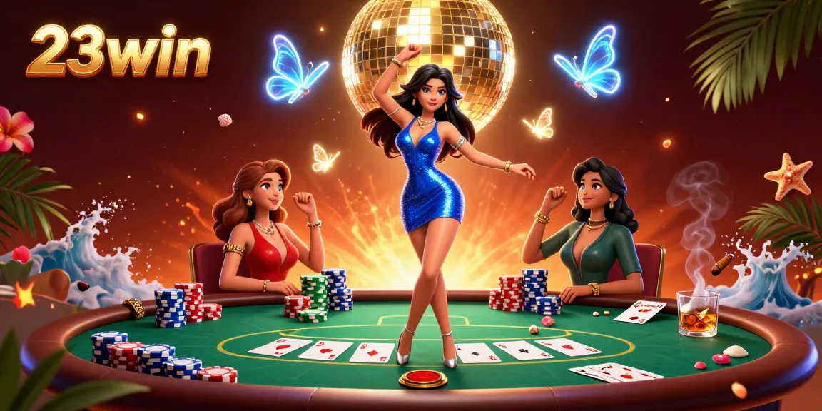 Experience the thrill of 23win with a dazzling casino scene featuring a glamorous dancer and poker elements.