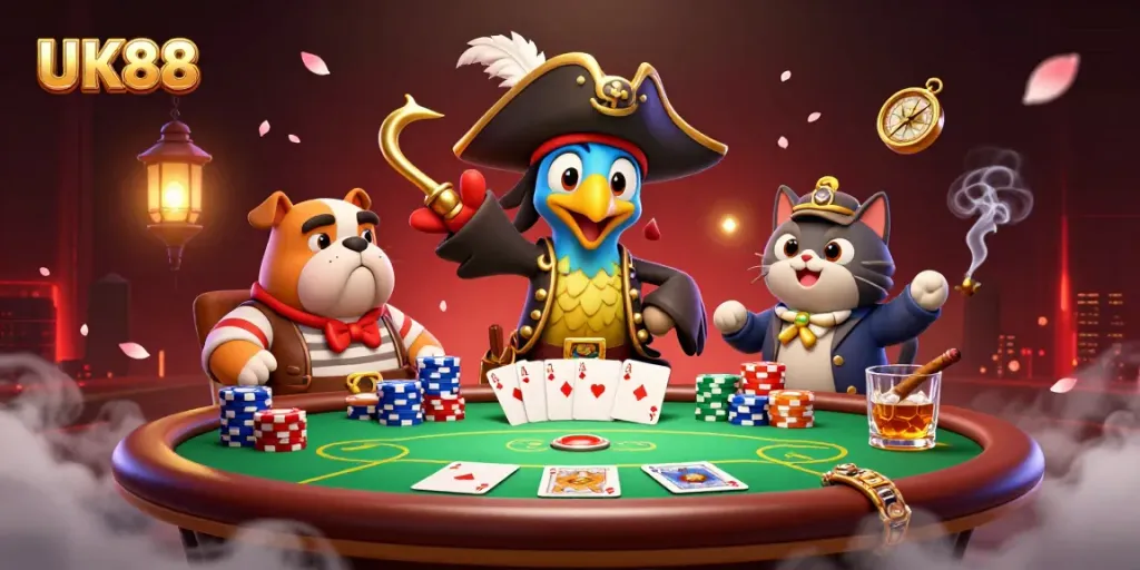Engage in thrilling gameplay at UK88 as a pirate captain and friends enjoy a dynamic poker scene.