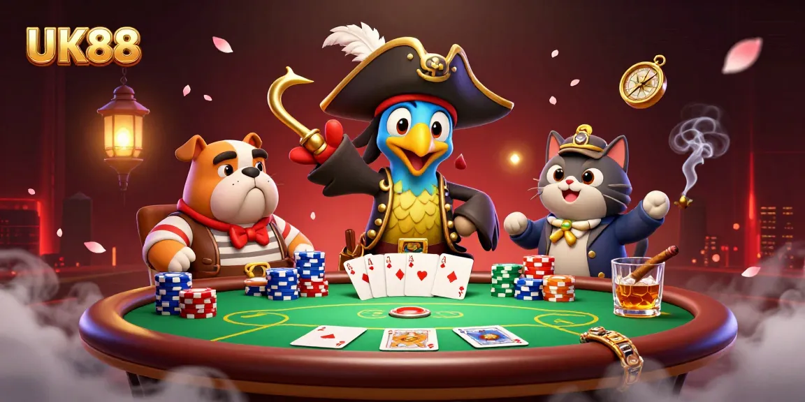 Engage in thrilling gameplay at UK88 as a pirate captain and friends enjoy a dynamic poker scene.