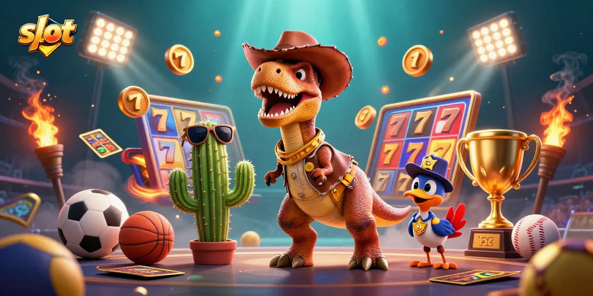 Slot gacor menampilkan dinosaurus T-Rex dan karakter lainnya dalam ilustrasi 3D menarik.