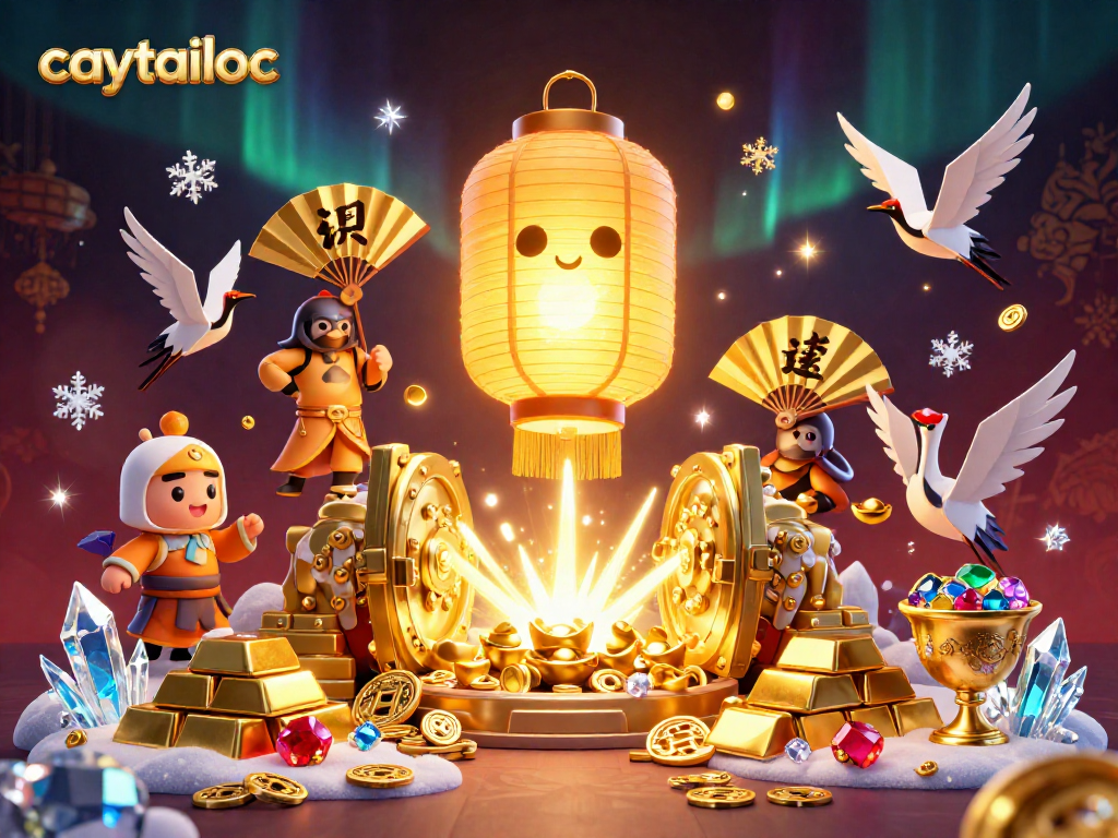 Caytailoc showcases 3D golden lanterns and treasures at a bustling night market casino.