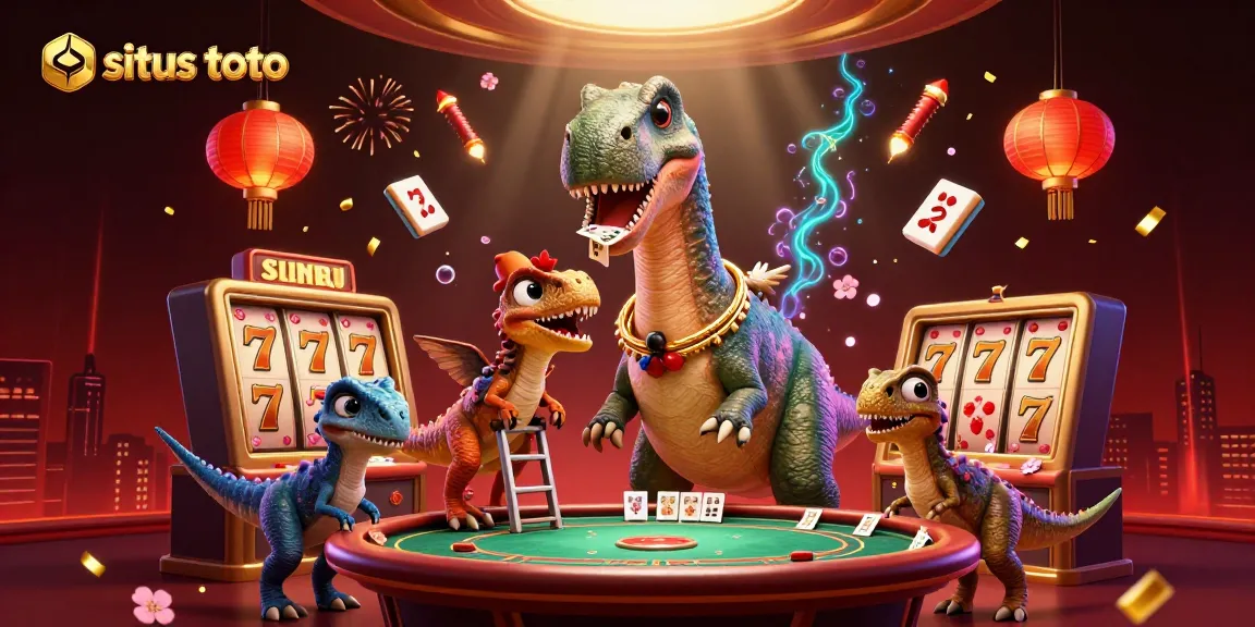 Experience excitement with situs toto as a cartoon brontosaurus watches a raptor deal cards in a vibrant casino scene.