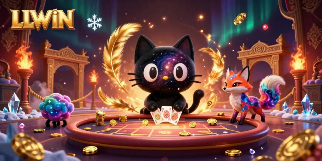 LLWIN's cosmic casino featuring a black hole cat and nebula fox amidst swirling golden tokens and vibrant game elements.