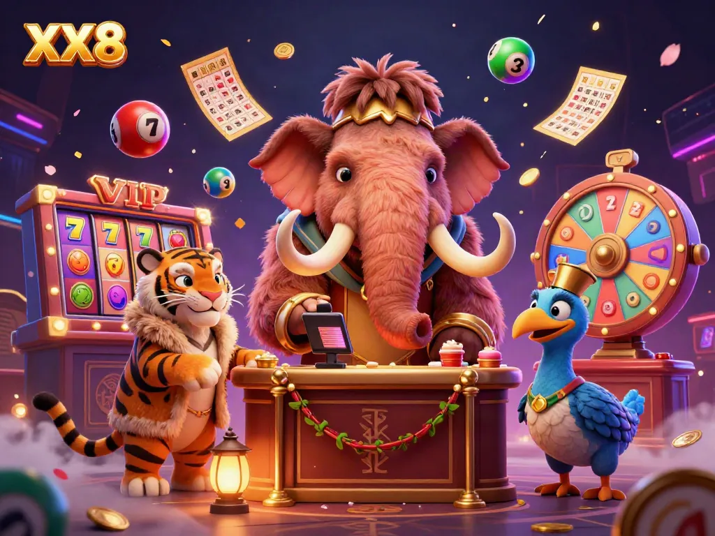 Engaging casino scene featuring the XX8 brand with vibrant slot reels and playful characters.