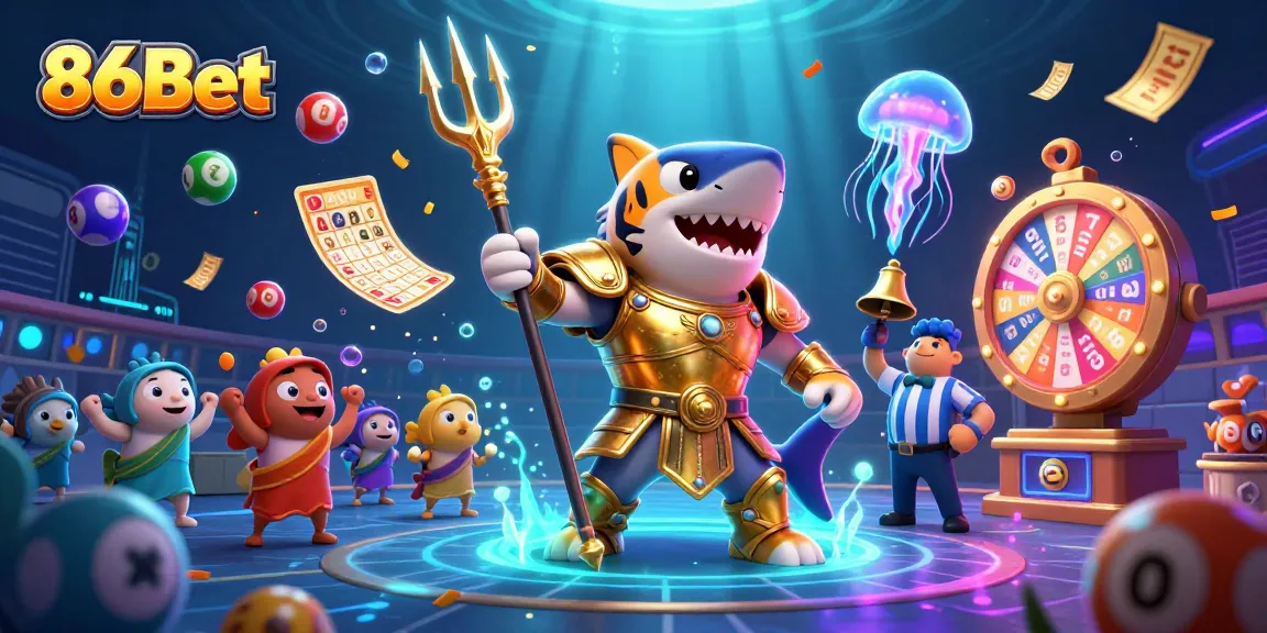 Experience excitement at 86Bet with a vibrant underwater casino scene featuring dynamic lottery elements.