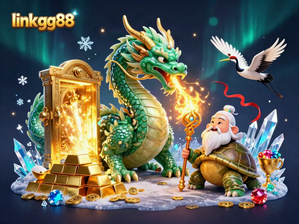 Engage with the excitement of online gaming at link gg88, with a vibrant scene of a jade dragon and treasures.