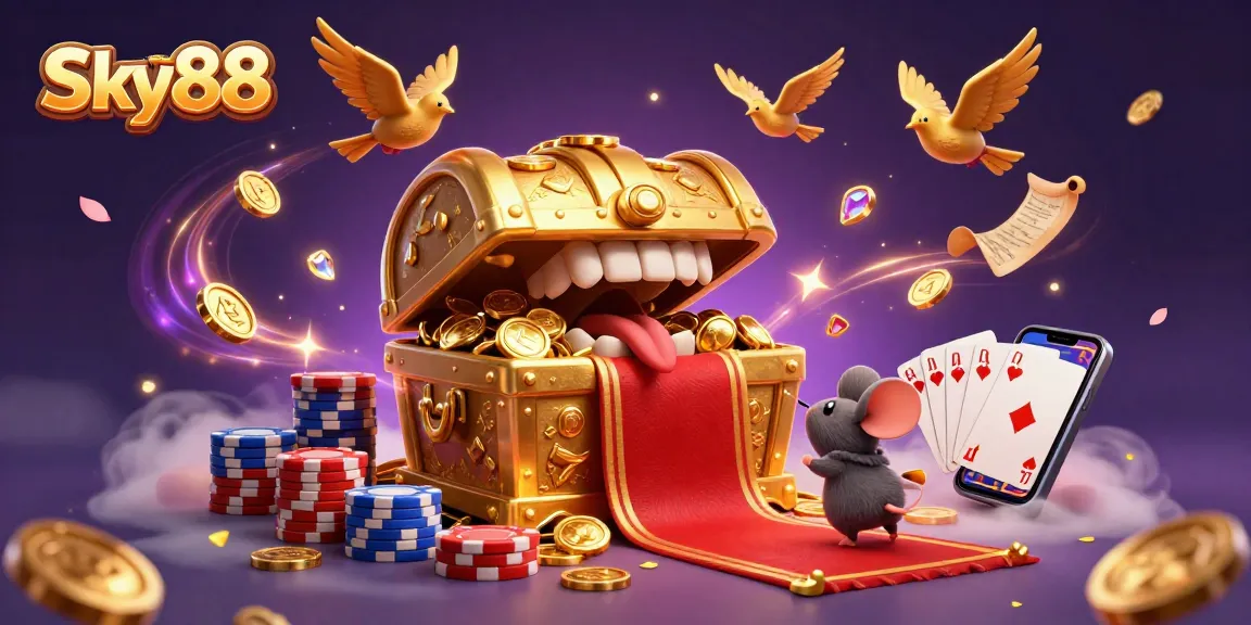 Experience thrilling gameplay at Sky88 with vibrant casino elements and treasures enticing players.