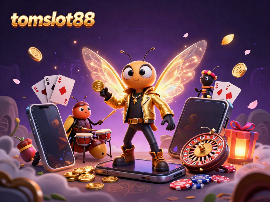 Experience thrilling wins at tomslot88 with a lively 3D casino scene of cartoon characters, slot games, and jackpots.