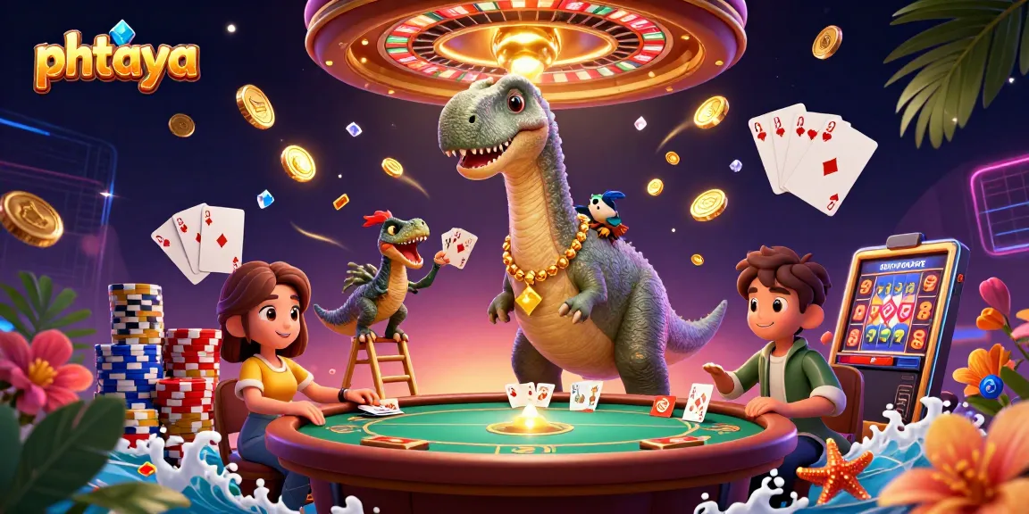 PHTAYA showcases a vibrant 3D cartoon scene with a dinosaur and a clever raptor amidst exciting casino elements.