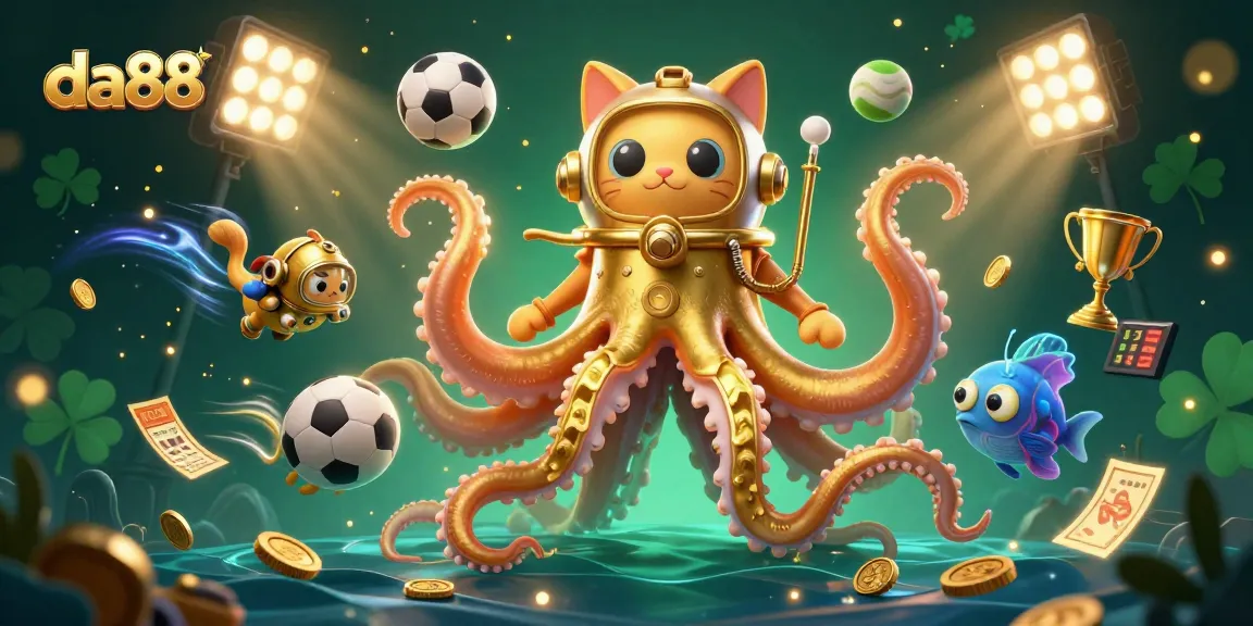 Experience da88's thrilling gaming scene with a colossal kraken and a vintage diving cat in an ocean of excitement.