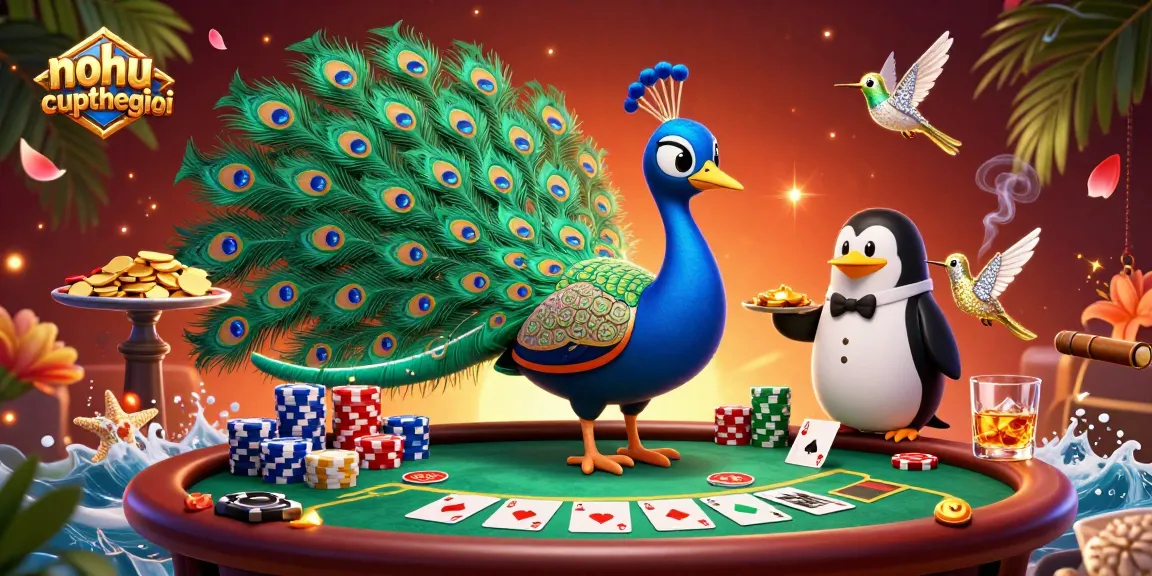 Nohu-cupthegioi showcases an aristocratic peacock playing poker amidst glorious casino elements.
