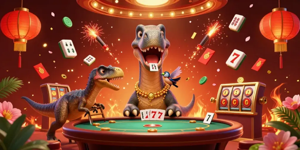 Nohu90 brings dynamic fun to gambling with a massive brontosaurus and clever raptor in a casino scene.