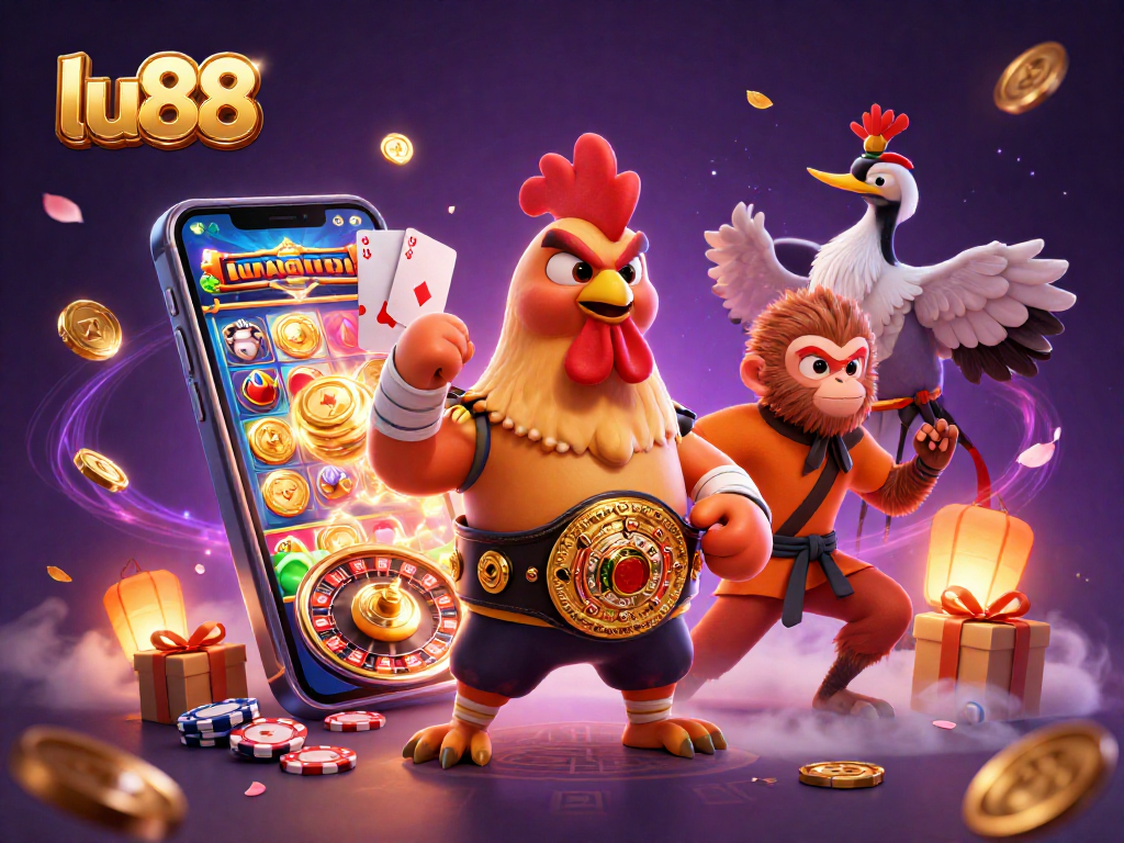 Experience exciting actions at lu88 with a dynamic scene featuring casino games and engaging characters.